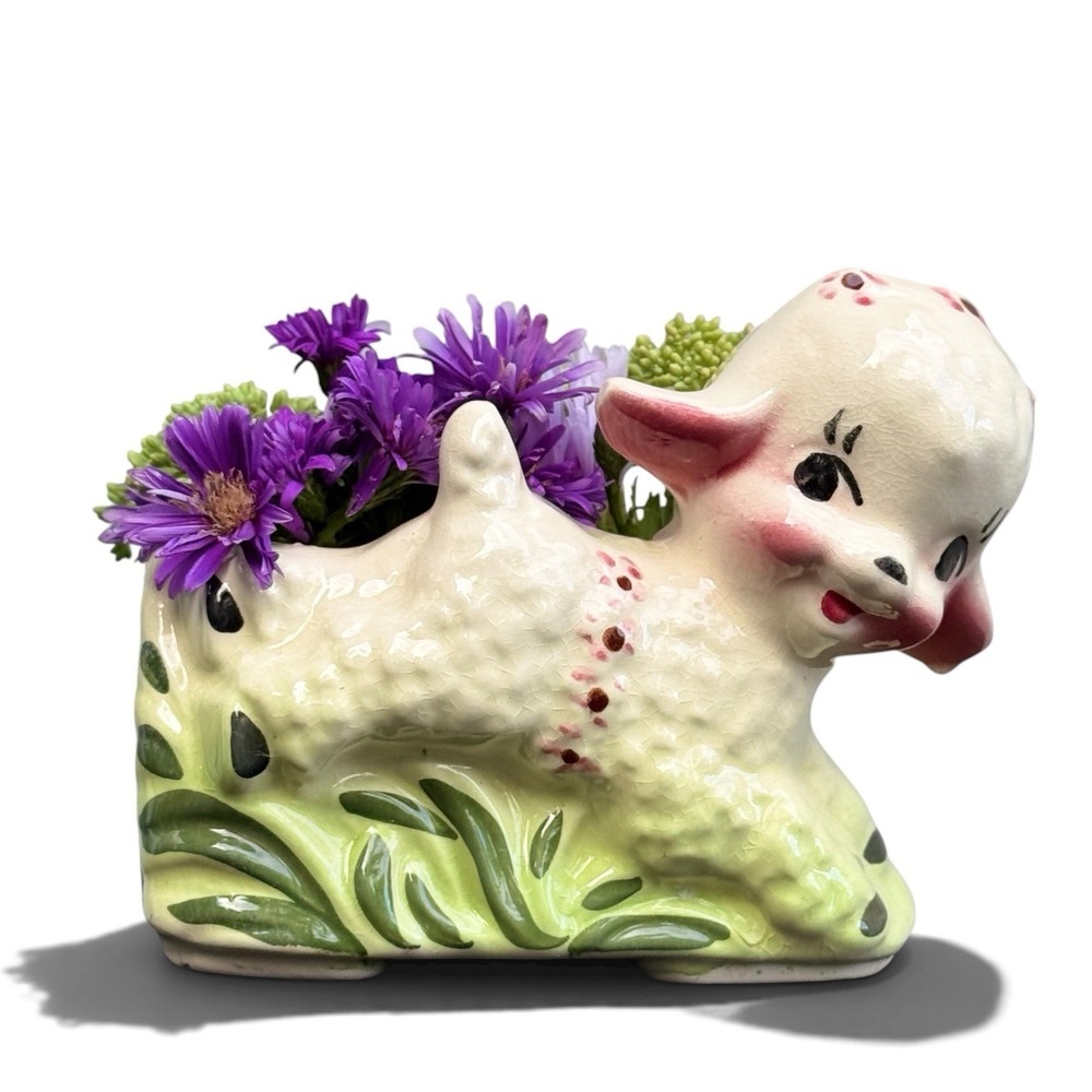 Vintage 1950s Ceramic Lamb Planter Nursery Easter Cottagecore Kitsch Mid Century
